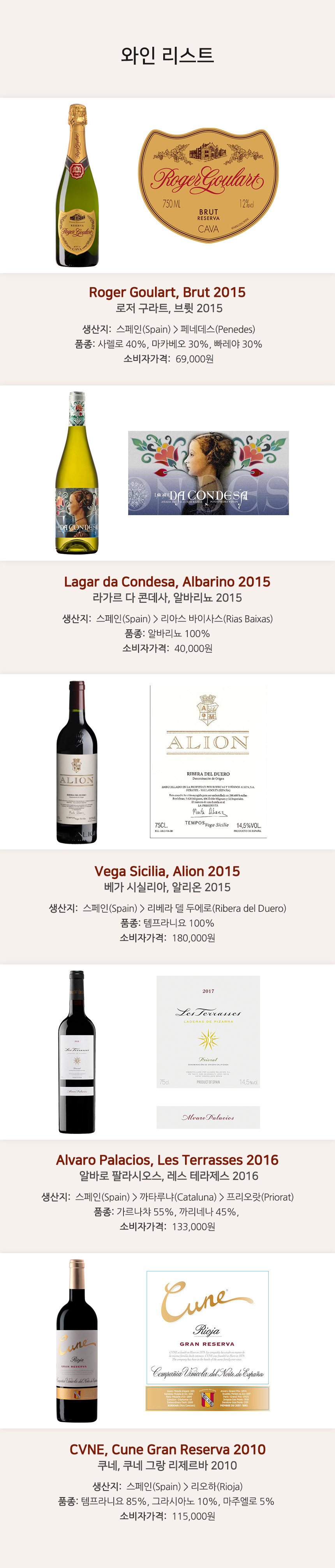 2월 금요시음회 - Premium Spain Wine 와인리스트 / Roger Goulart, Brut 2015(로저 구라트, 브륏 2015), Lagar da Condesa, Albarino 2015(라가르 다 콘데사, 알바리뇨 2015), Vega Sicilia, Alion 2015(베가 시실리아, 알리온 2015), Alvaro Palacios, Les Terrasses 2016(알바로 팔라시오스, 레스 테라제스 2016), CVNE, Cune Gran Reserva 2010(쿠네, 쿠네 그랑 리제르바)